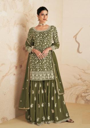 Picture of Georgette Dark Olive Green Straight Cut Salwar Kameez