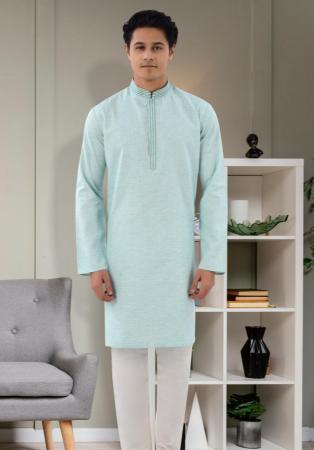 Picture of Grand Cotton & Silk Light Green Kurtas