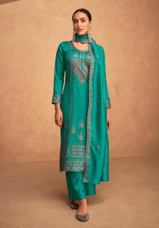 Picture of Ideal Silk Dark Cyan Straight Cut Salwar Kameez