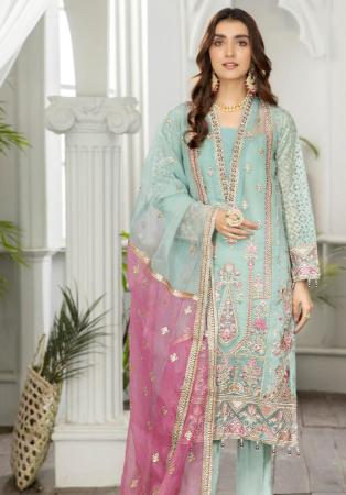 Picture of Silk & Organza Sky Blue Straight Cut Salwar Kameez