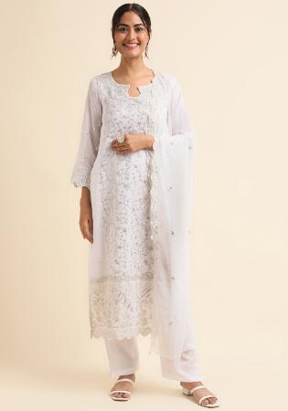 Picture of Georgette White Smoke Straight Cut Salwar Kameez