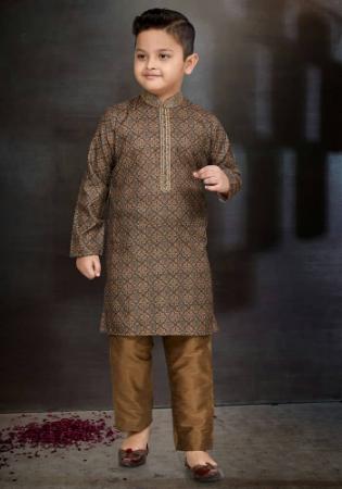 Picture of Ravishing Cotton Dark Khaki Kids Kurta Pyjama