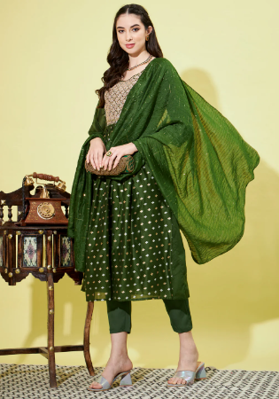 Picture of Chiffon Dark Olive Green Readymade Salwar Kameez