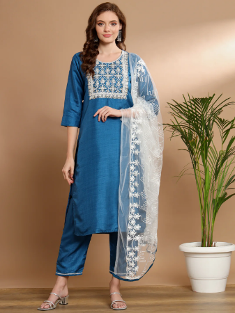 Picture of Cotton & Silk Steel Blue Readymade Salwar Kameez