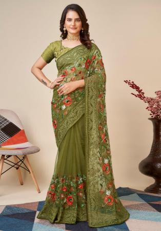 Picture of Beautiful Net Olive Drab Saree