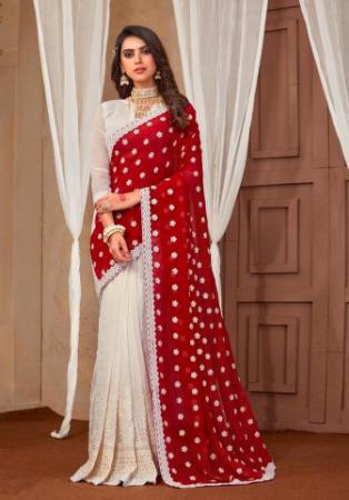 Picture of Ravishing Georgette White & Dark Red Saree