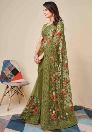 Picture of Alluring Net Dark Olive Green Saree