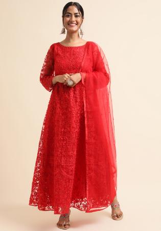 Picture of Well Formed Net Crimson Anarkali Salwar Kameez