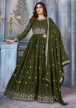 Picture of Georgette Dark Olive Green Anarkali Salwar Kameez