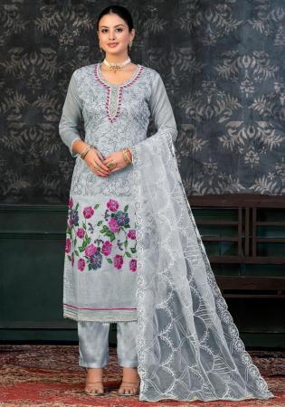 Picture of Chiffon Light Slate Grey Straight Cut Salwar Kameez