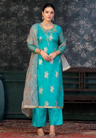 Picture of Net & Satin Dark Turquoise Straight Cut Salwar Kameez