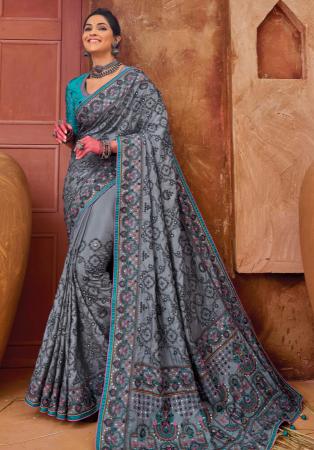 Picture of Fine Silk Light Slate Grey Saree