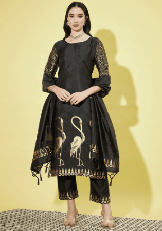 Picture of Cotton & Silk Black Readymade Salwar Kameez