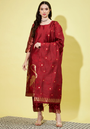 Picture of Cotton & Silk Maroon Readymade Salwar Kameez