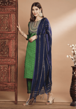 Picture of Silk Dark Olive Green Readymade Salwar Kameez