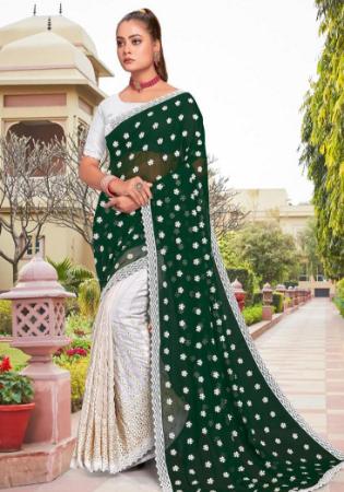 Picture of Wonderful Georgette White & Dark Green Saree