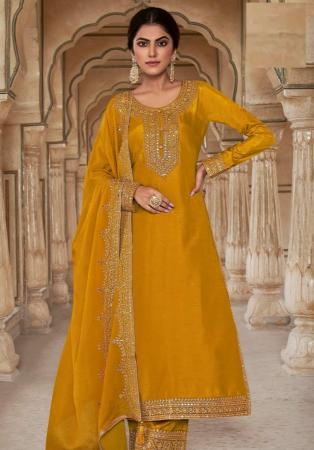 Picture of Silk Dark Golden Rod Straight Cut Salwar Kameez