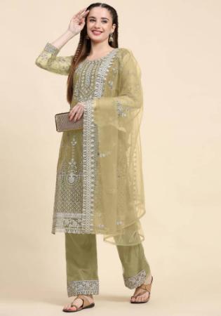 Picture of Grand Net Dark Khaki Straight Cut Salwar Kameez