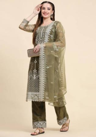 Picture of Net Dark Olive Green Straight Cut Salwar Kameez