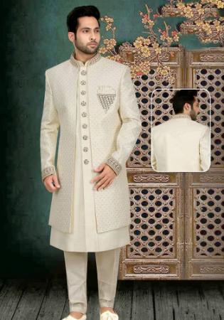 Picture of Well Formed Silk Beige Sherwani