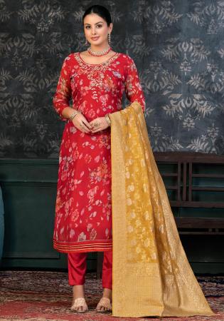 Picture of Net & Satin Fire Brick Straight Cut Salwar Kameez