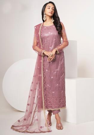 Picture of Gorgeous Net Rosy Brown Straight Cut Salwar Kameez