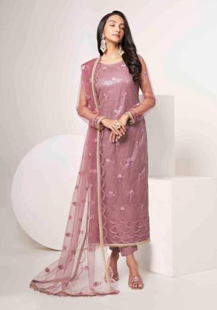 Picture of Appealing Net Rosy Brown Straight Cut Salwar Kameez