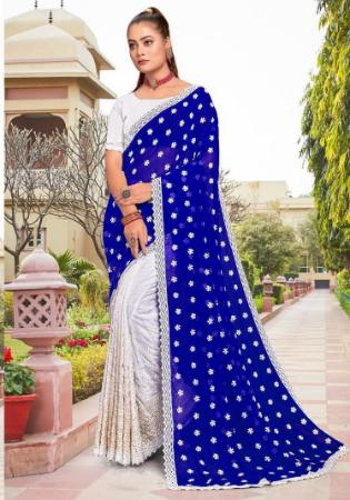 Picture of Pretty Georgette White & Dark Blue Saree