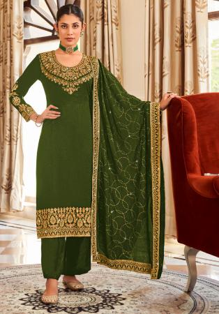 Picture of Linen Dark Olive Green Straight Cut Salwar Kameez