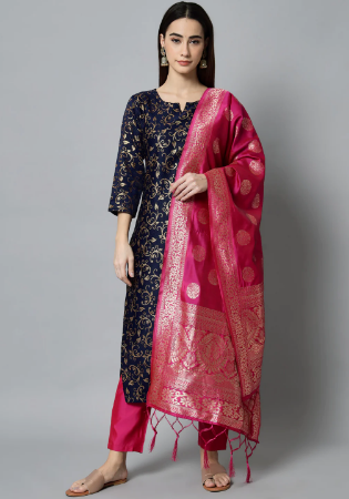 Picture of Cotton & Silk Navy Blue Readymade Salwar Kameez