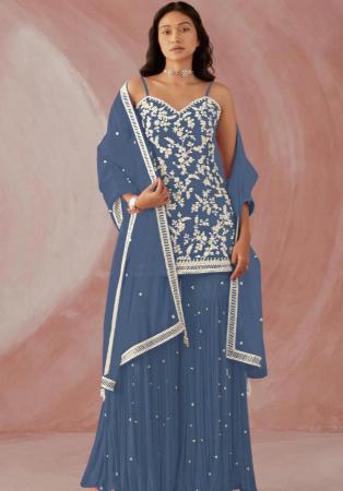 Picture of Georgette Dark Slate Blue Straight Cut Salwar Kameez