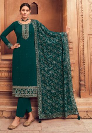 Picture of Georgette Dark Green Straight Cut Salwar Kameez