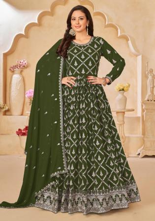 Picture of Georgette Dark Olive Green Anarkali Salwar Kameez