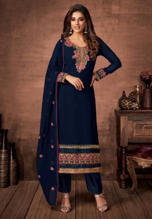 Picture of Georgette Navy Blue Straight Cut Salwar Kameez