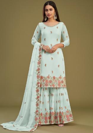 Picture of Georgette Light Steel Blue Straight Cut Salwar Kameez