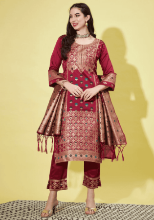 Picture of Cotton & Silk Maroon Readymade Salwar Kameez