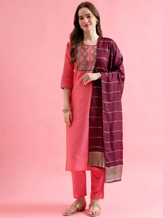 Picture of Cotton & Silk Light Pink Readymade Salwar Kameez