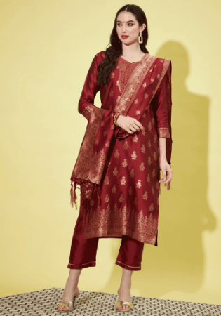 Picture of Cotton & Silk Maroon Readymade Salwar Kameez