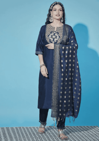 Picture of Cotton & Silk Navy Blue Readymade Salwar Kameez