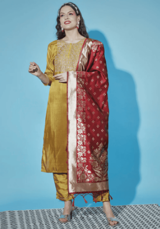 Picture of Well Formed Silk Dark Khaki Readymade Salwar Kameez