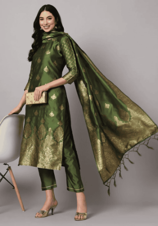 Picture of Cotton & Silk Dark Olive Green Readymade Salwar Kameez