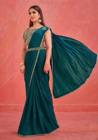 Picture of Alluring Crepe & Georgette & Net,Silk Teal Saree