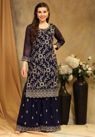 Picture of Georgette Dark Slate Blue Straight Cut Salwar Kameez