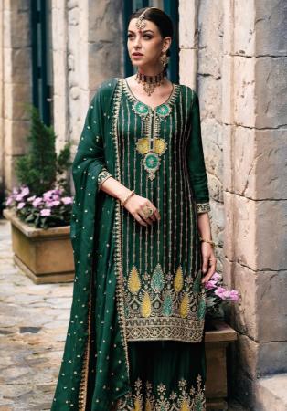 Picture of Chiffon & Silk Dark Green Straight Cut Salwar Kameez