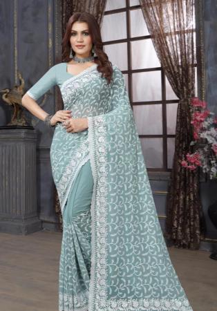 Picture of Wonderful Georgette Dark Sea Green Saree