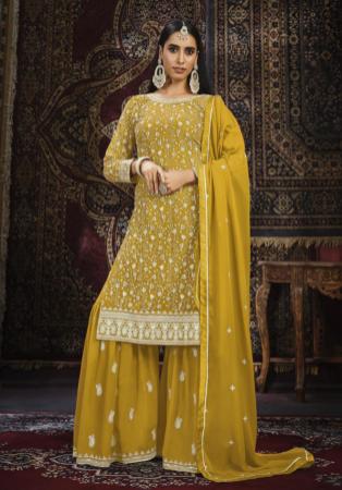 Picture of Georgette Dark Golden Rod Straight Cut Salwar Kameez