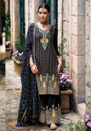 Picture of Silk Dark Slate Grey Straight Cut Salwar Kameez