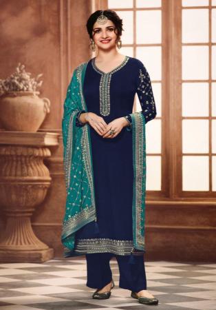 Picture of Georgette Navy Blue Straight Cut Salwar Kameez