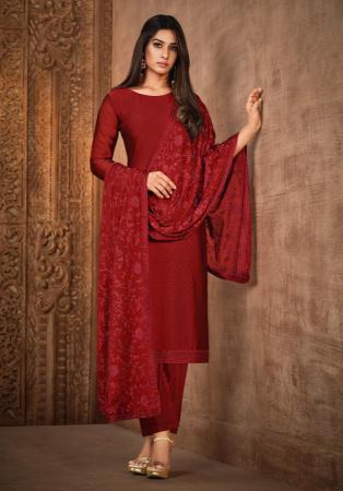 Picture of Georgette & Silk Fire Brick Straight Cut Salwar Kameez