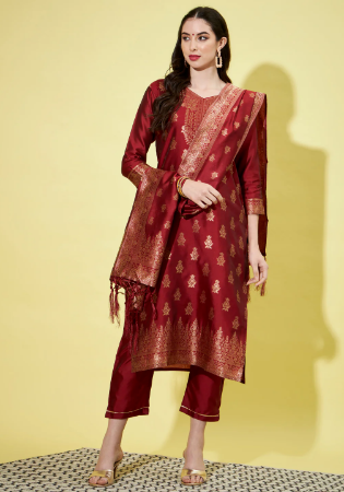 Picture of Cotton & Silk Maroon Readymade Salwar Kameez